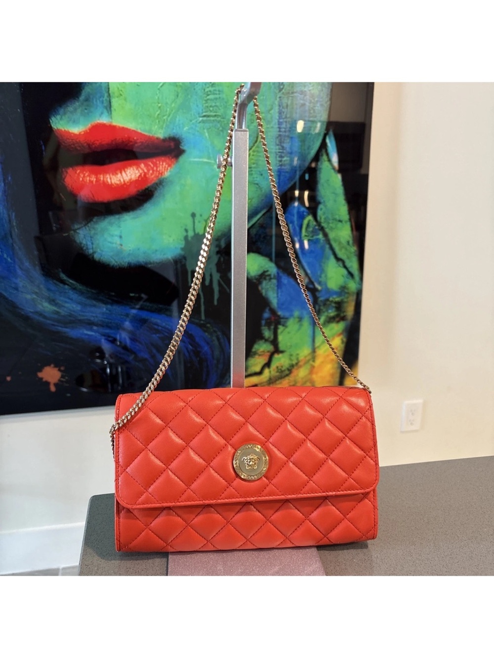 Versace Quilted Coral-Red Chain Shoulder Bag $ 1795 Retail